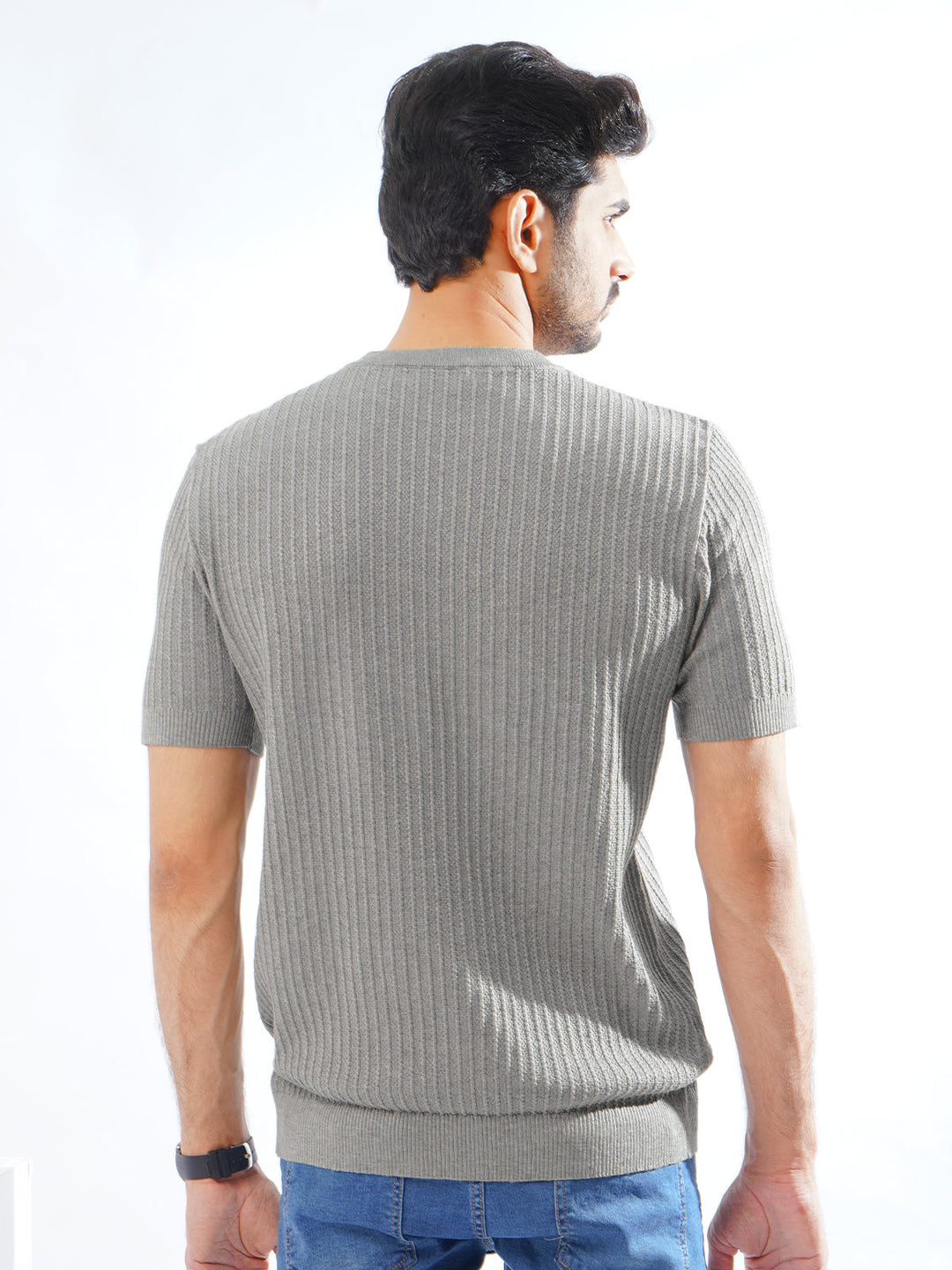 Grey Half Sleeves Men’s Premium Knitted Crew Neck T-Shirt (SKCN-04)