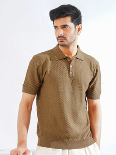 Golden Brown Half Sleeves Designer Sweater Knitted Polo T-Shirt (SKCN-07)