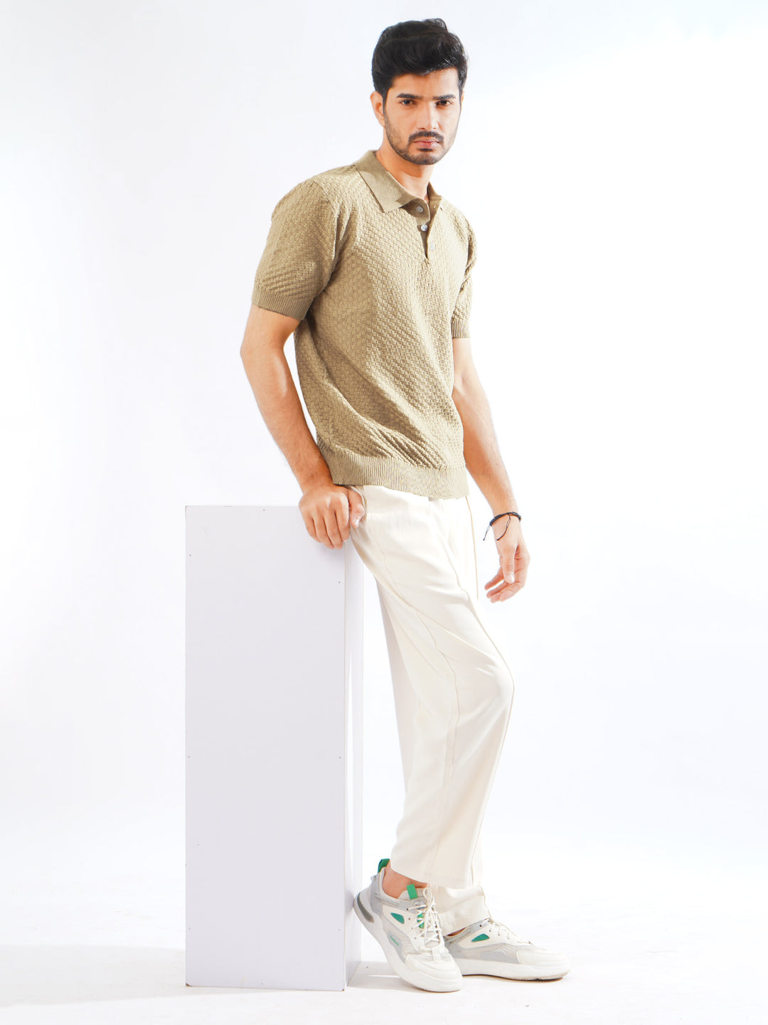 Khaki Half Sleeves Designer Sweater Knitted Polo T-Shirt (SKCN-08)