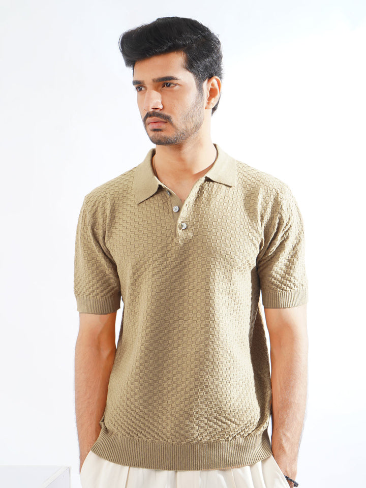 Khaki Half Sleeves Designer Sweater Knitted Polo T-Shirt (SKCN-08)