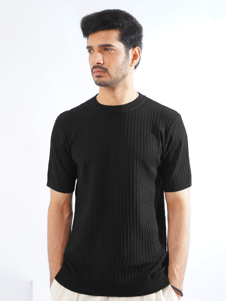 Black Half Sleeves Men’s Premium Knitted Crew Neck T-Shirt (SKCN-10)