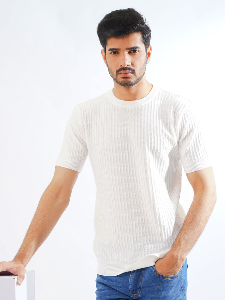 White Half Sleeves Men’s Premium Knitted Crew Neck T-Shirt (SKCN-12)