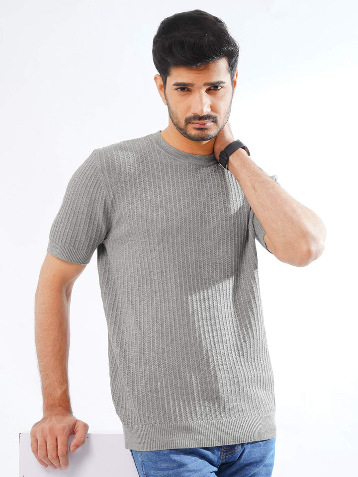 Grey Half Sleeves Men’s Premium Knitted Crew Neck T-Shirt (SKCN-13)