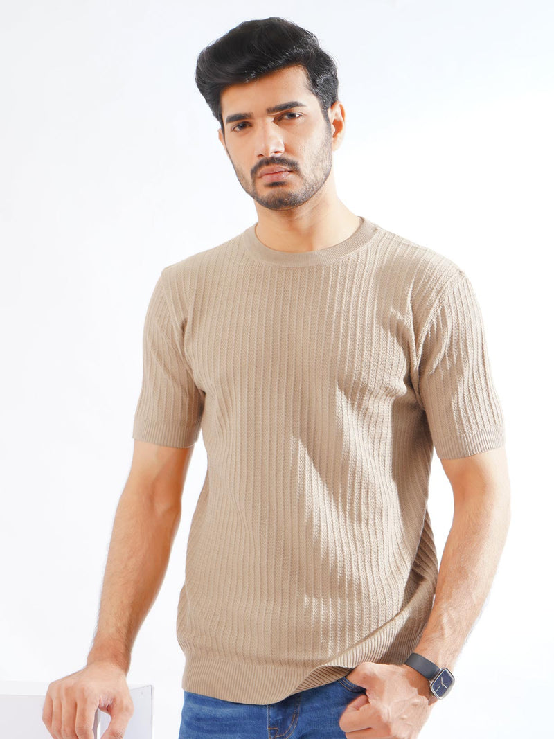 Light Brown Half Sleeves Men’s Premium Knitted Crew Neck T-Shirt (SKCN-14)