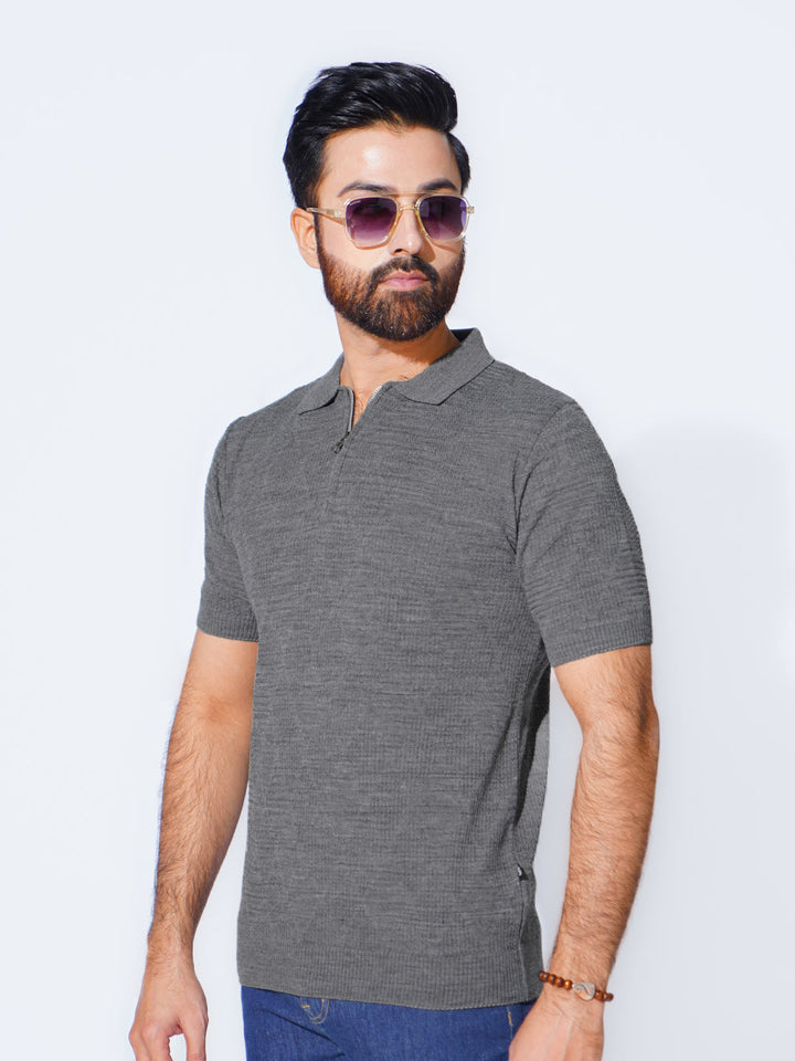 Charcoal Half Sleeves Premium Knitted Sweater Polo (SKZP-002)