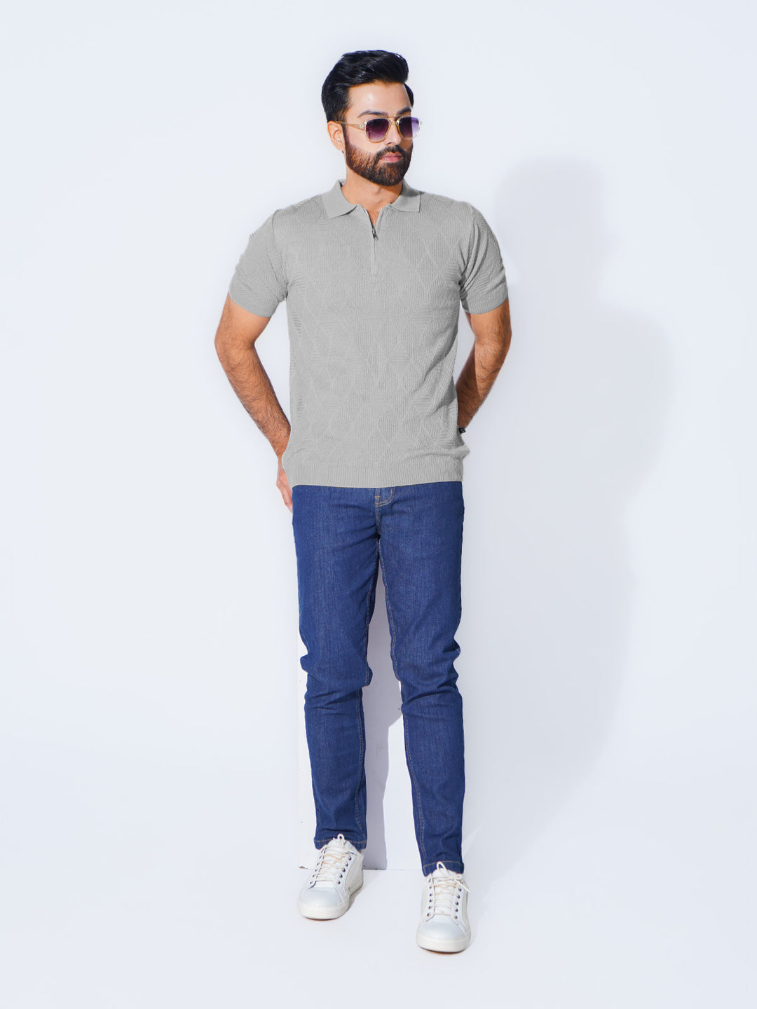 Grey Half Sleeves Premium Knitted Zipper Polo T-Shirt (SKZP-003)