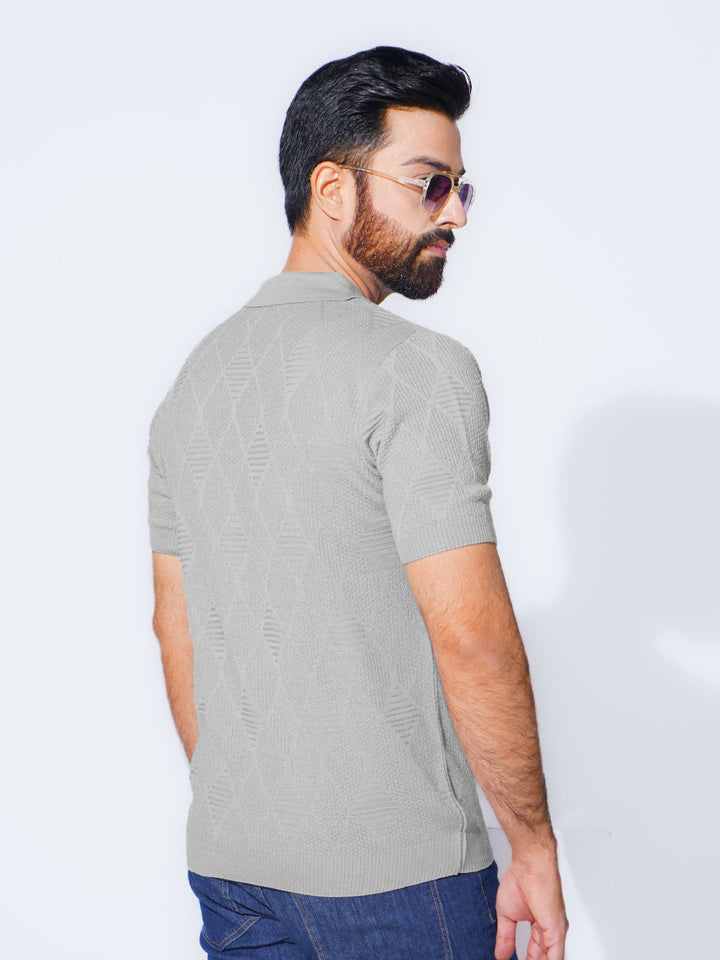 Grey Half Sleeves Premium Knitted Zipper Polo T-Shirt (SKZP-003)