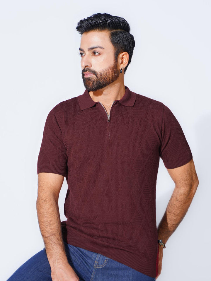 Burgundy Half Sleeves Premium Knitted Sweater Polo (SKZP-004)