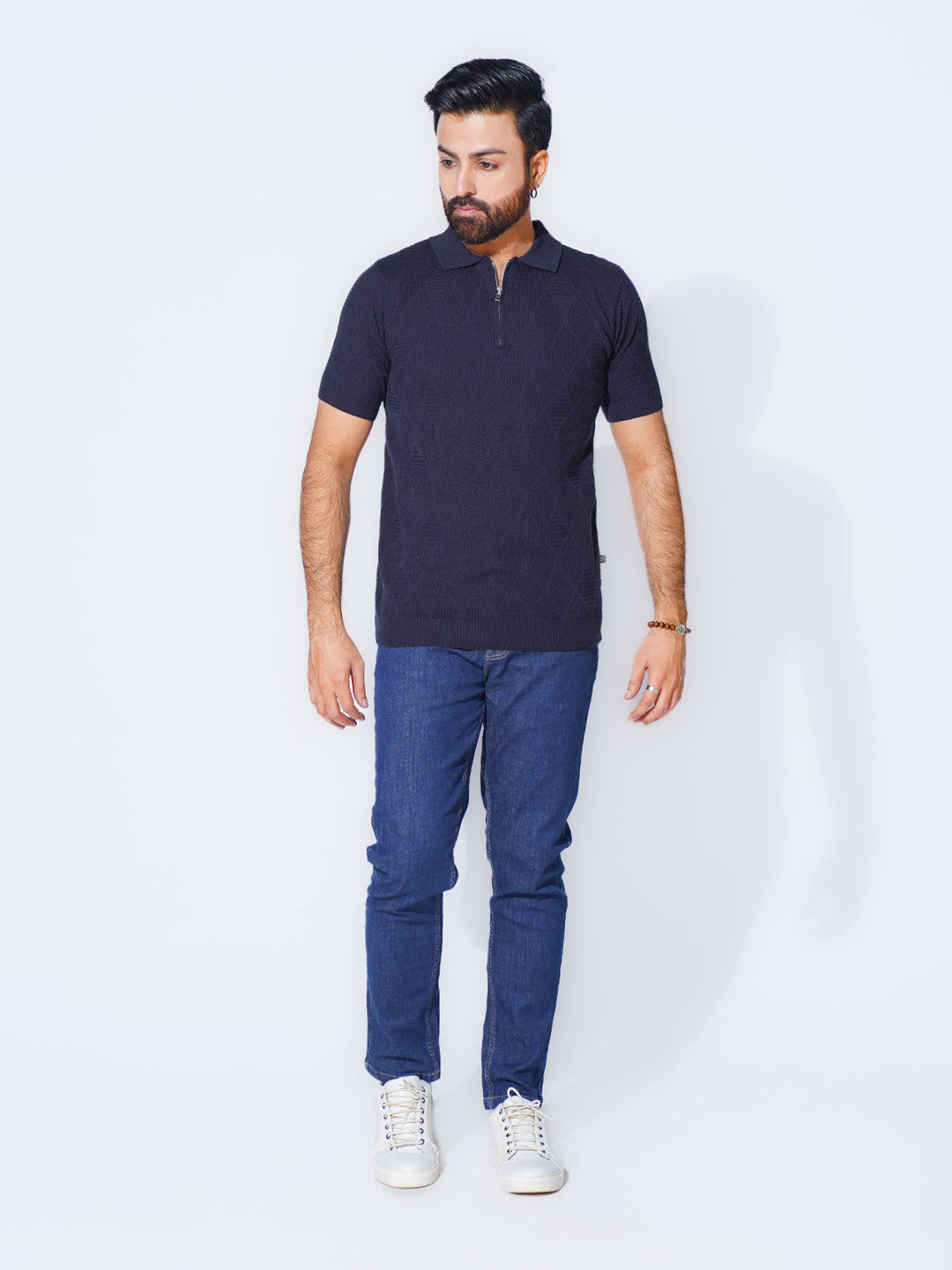 Navy Blue Half Sleeves Premium Knitted Zipper Polo T-Shirt (SKZP-005)