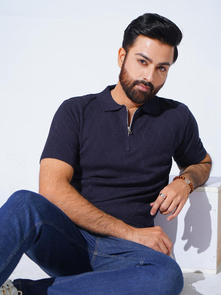 Navy Blue Half Sleeves Premium Knitted Zipper Polo T-Shirt (SKZP-005)