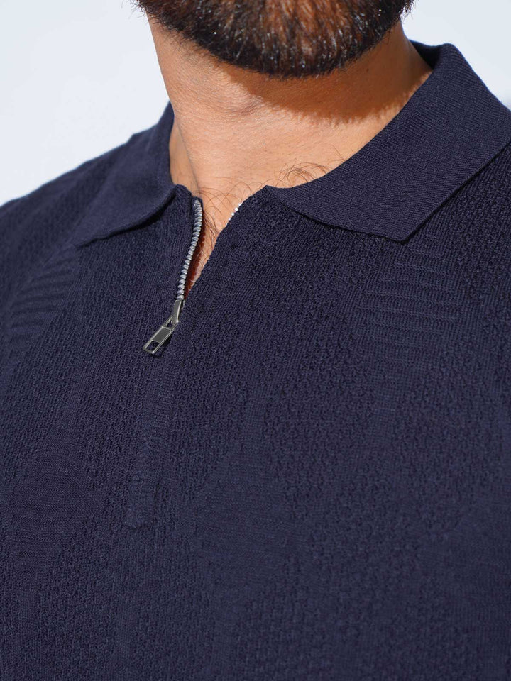 Navy Blue Half Sleeves Premium Knitted Zipper Polo T-Shirt (SKZP-005)