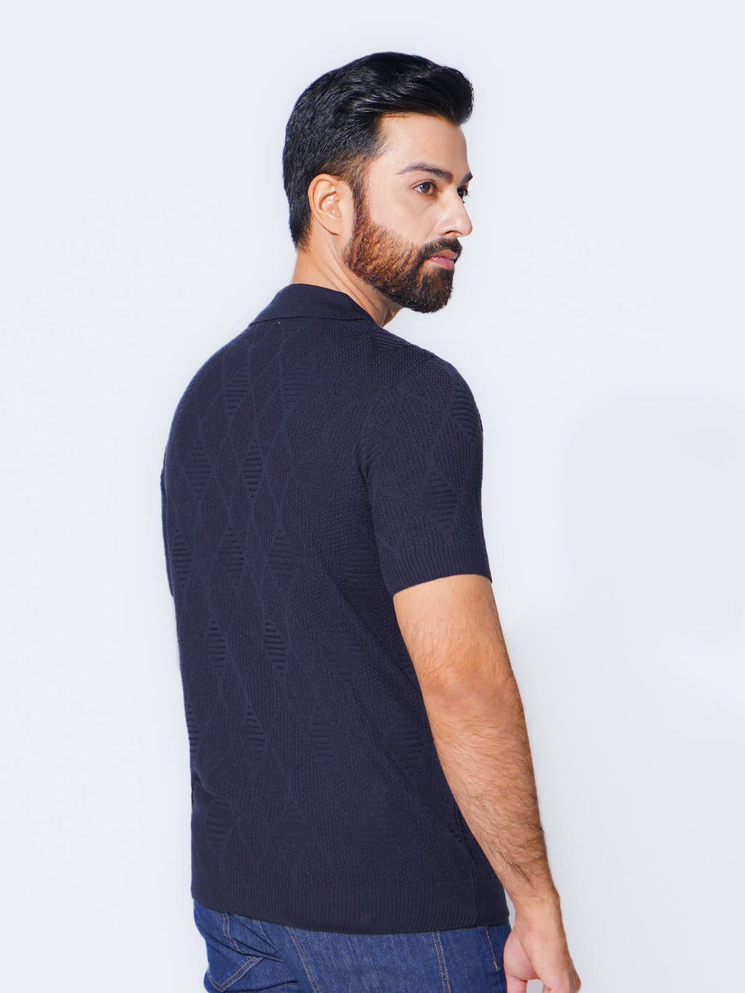 Navy Blue Half Sleeves Premium Knitted Zipper Polo T-Shirt (SKZP-005)