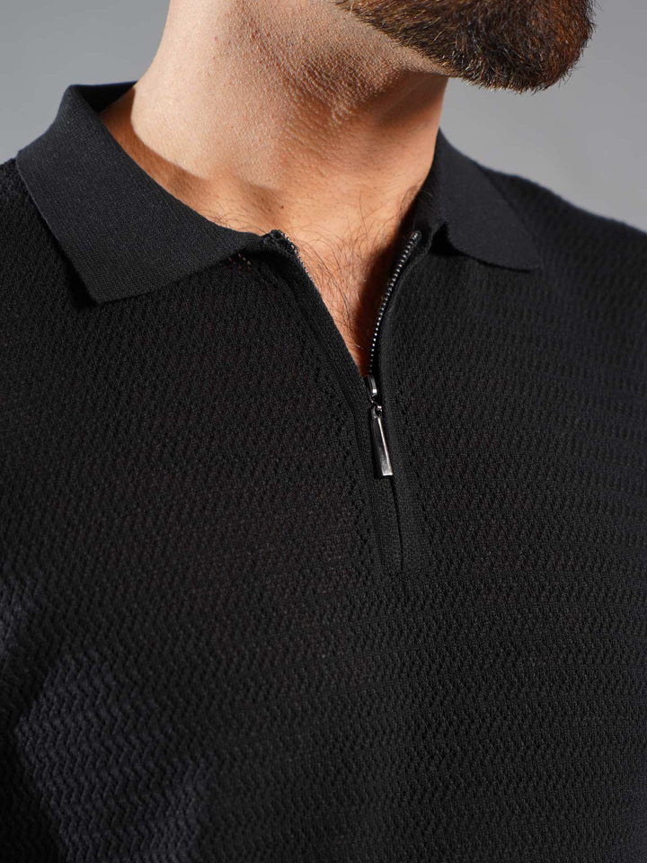 Black Sweater Knitted Zipper Polo (SKZP-008)