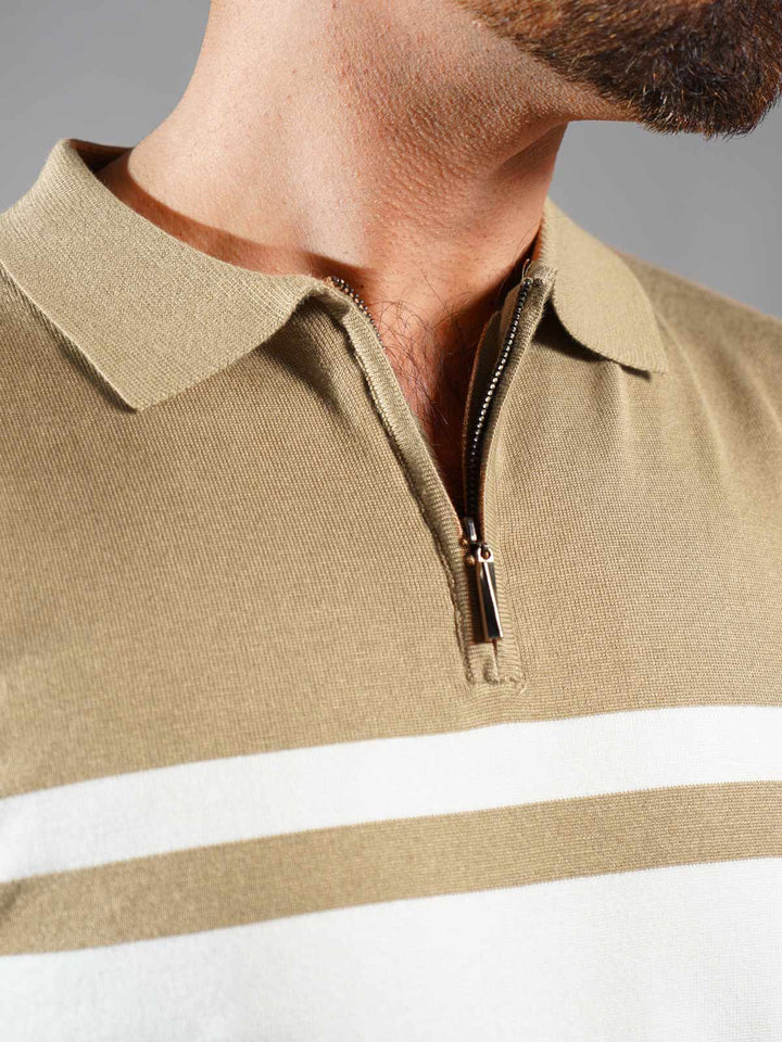 Brown & White Sweater Knitted Zipper Polo (SKZP-013)