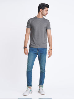 Charcoal Grey Self Half Sleeves Men’s Round Neck T-Shirt (TEE-136)