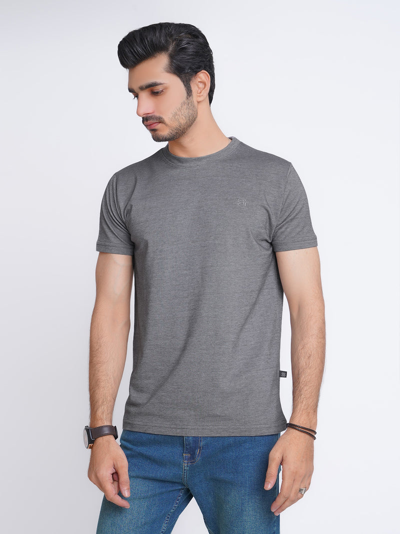 Charcoal Grey Self Half Sleeves Men’s Round Neck T-Shirt (TEE-136)