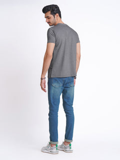 Charcoal Grey Self Half Sleeves Men’s Round Neck T-Shirt (TEE-136)