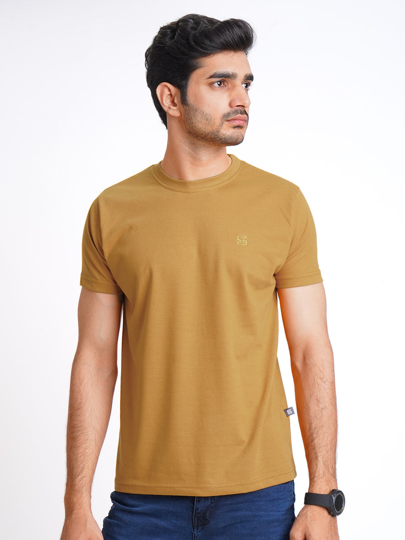 Mustard Plain Half Sleeves Men’s Round Neck T-Shirt (TEE-146)