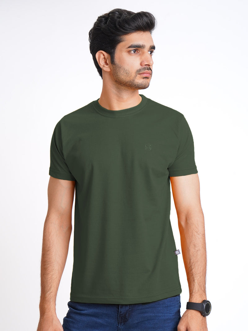 Dark Green Plain Half Sleeves Men’s Round Neck T-Shirt (TEE-163)