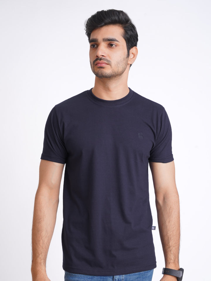 Navy Blue Plain Half Sleeves Men’s Round Neck T-Shirt (TEE-165)