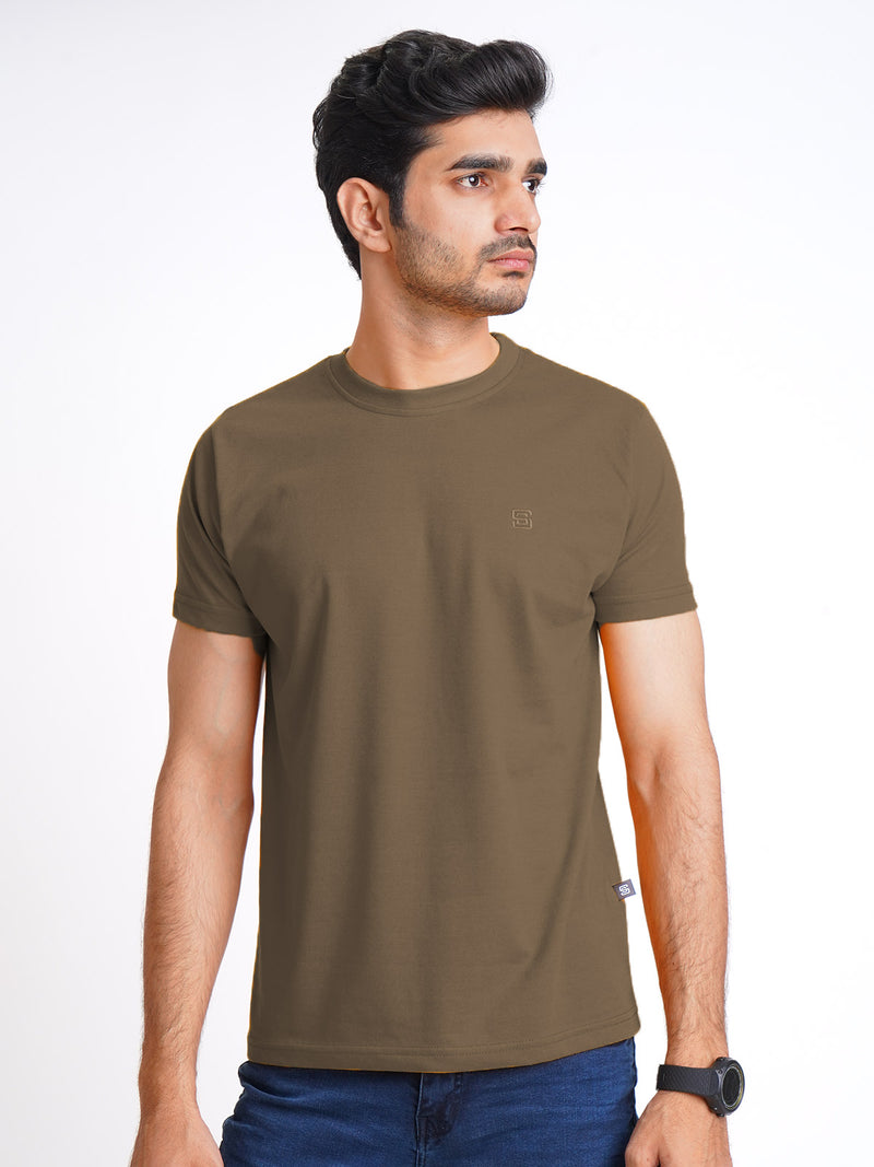 Brown Plain Half Sleeves Men’s Round Neck T-Shirt (TEE-166)