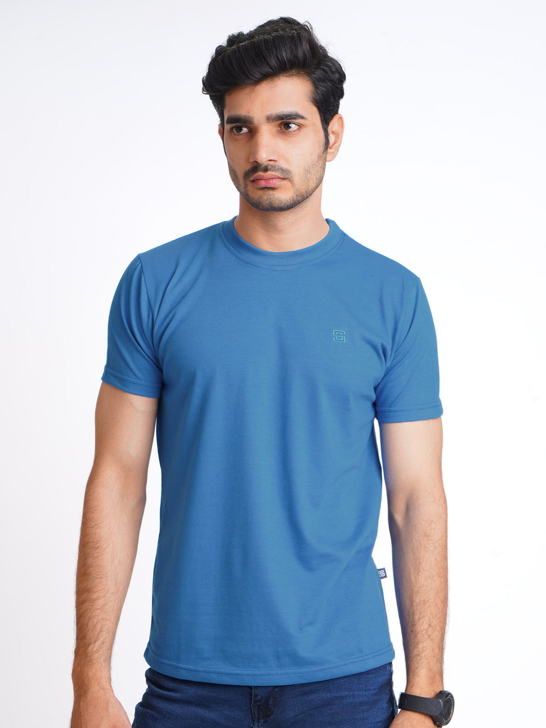 Blue Self Half Sleeves Men’s Round Neck T-Shirt (TEE-172)