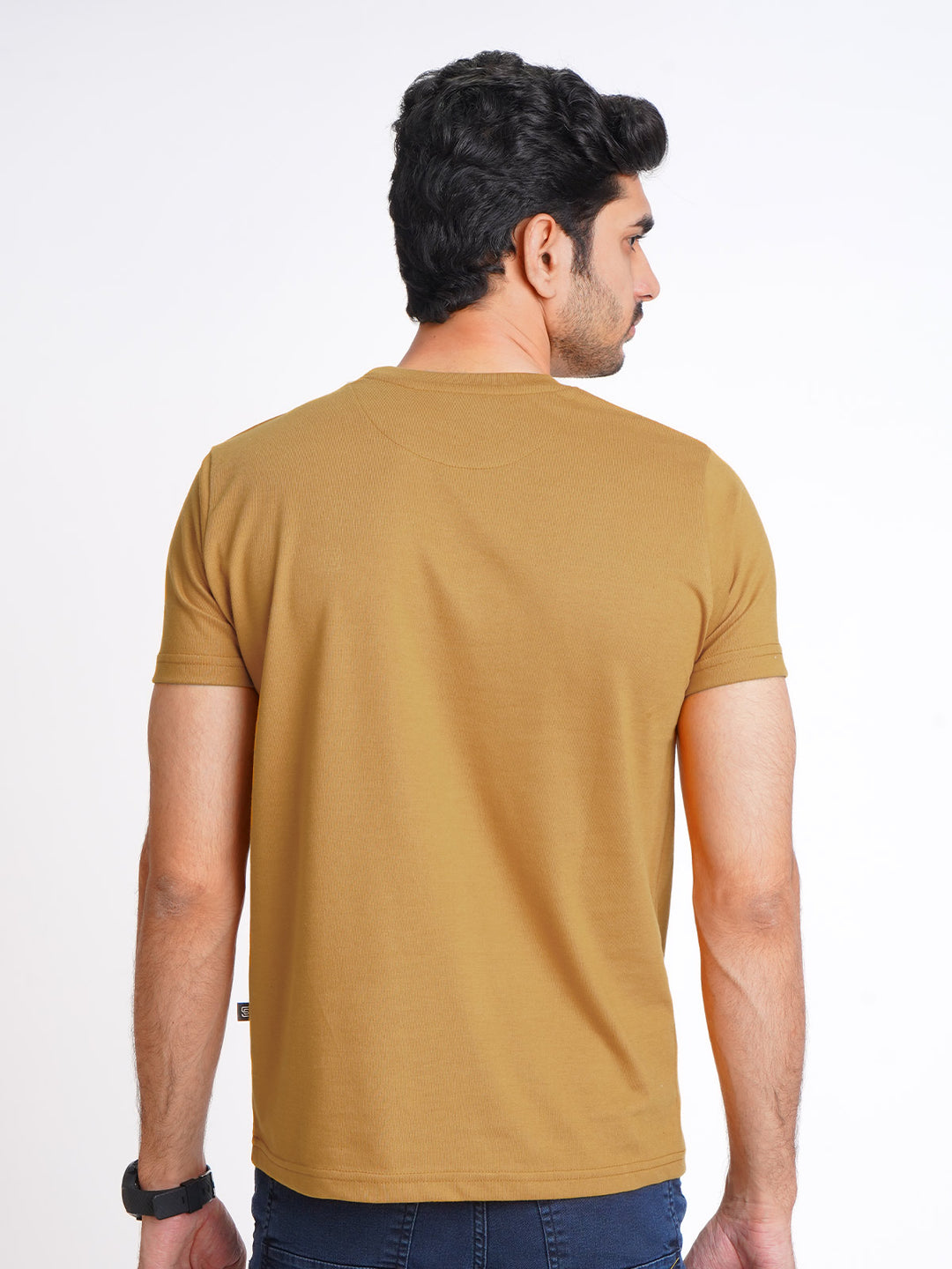 Mustard Plain Half Sleeves Men’s Round Neck T-Shirt (TEE-176)