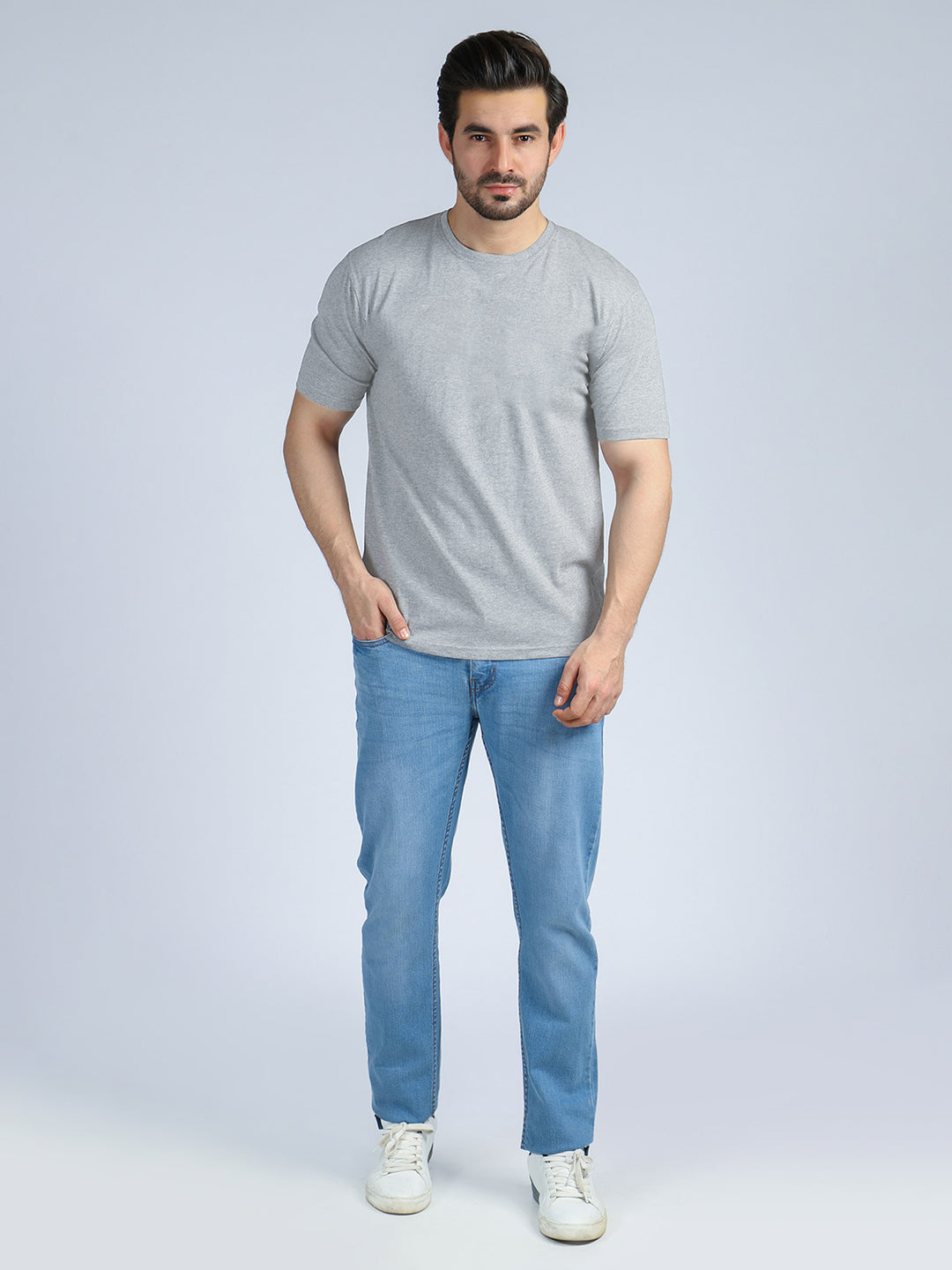 Light Grey Self Half Sleeves Men’s Round Neck T-Shirt (TEE-177)