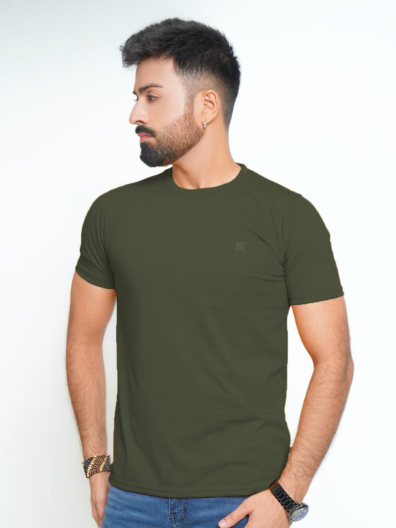 Army Green Half Sleeves Men’s Round Neck T-Shirt (TEE-181)
