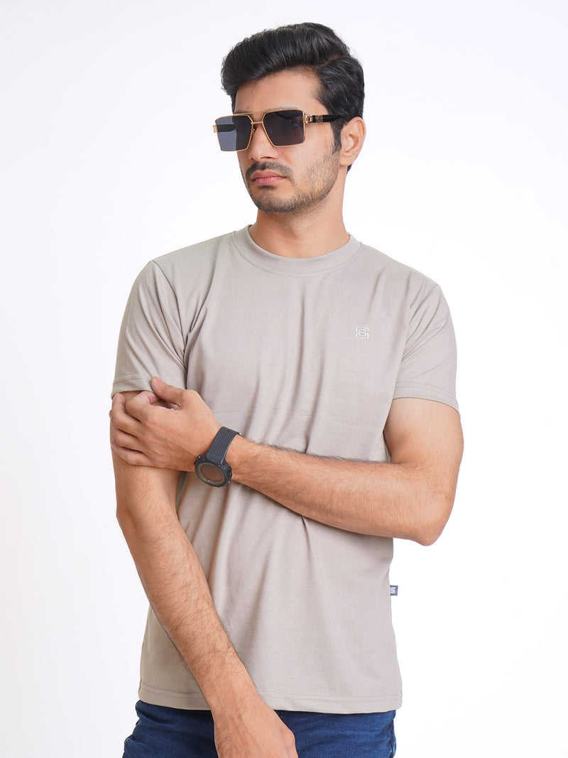 Beige Plain Half Sleeves Men’s Round Neck T-Shirt (TEE-183)