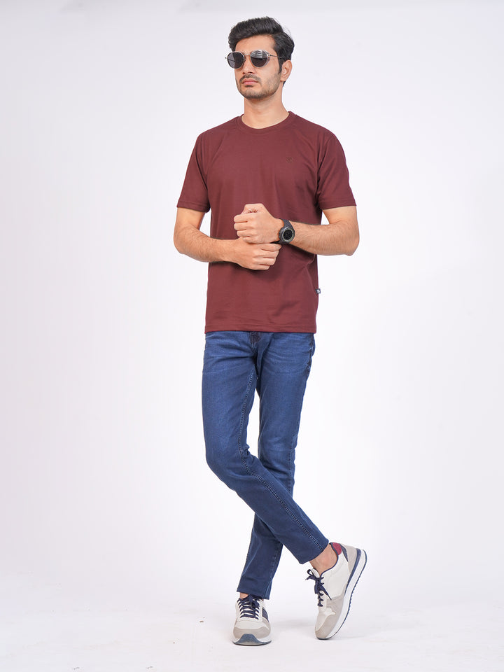 Maroon Plain Half Sleeves Men’s Round Neck T-Shirt (TEE-184)