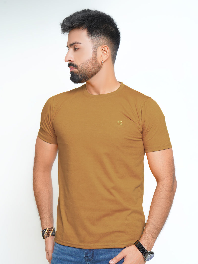 Mustard Plain Half Sleeves Men’s Round Neck T-Shirt (TEE-186)