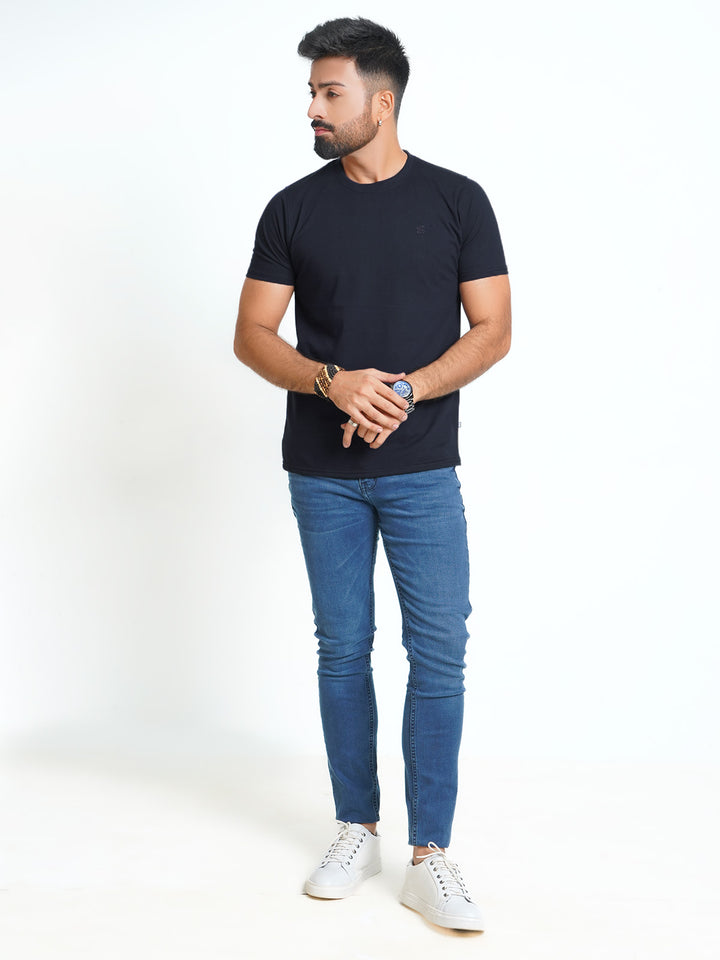 Navy Blue Plain Half Sleeves Men’s Round Neck T-Shirt (TEE-187)