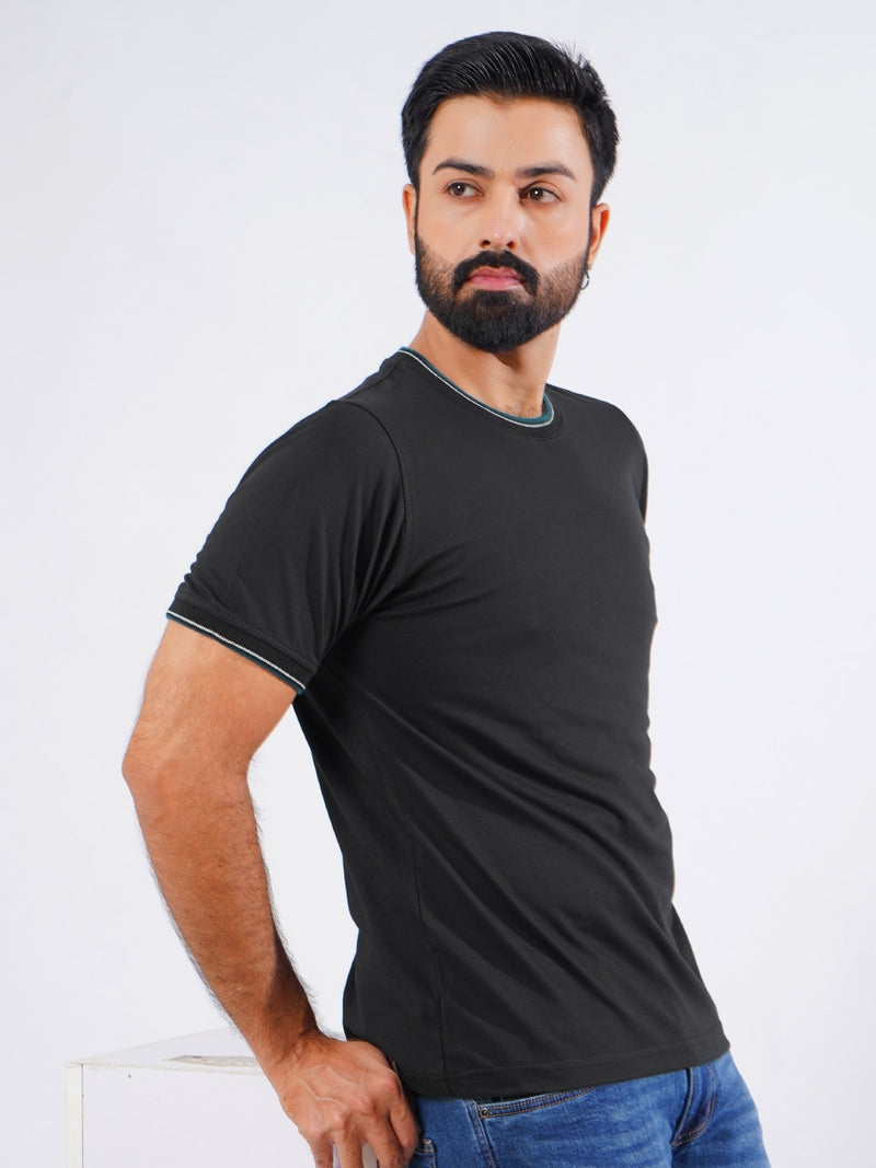 Black Half Sleeves Men’s Round Neck T-Shirt (TEE-203)