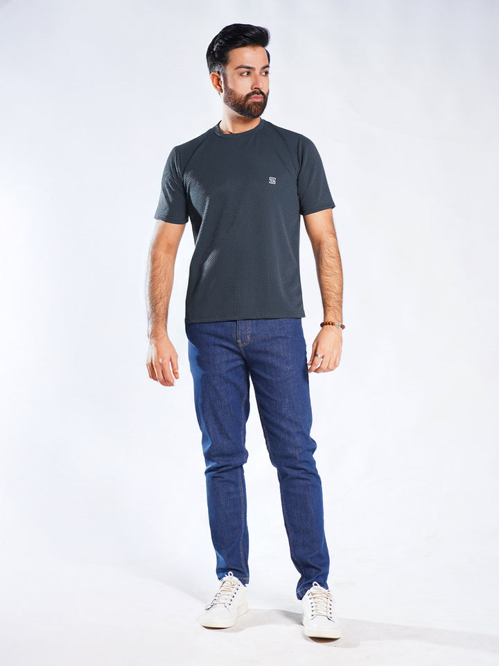 Navy Blue Self Premium Dry Fit Crew Neck T-Shirt (TEE-258)