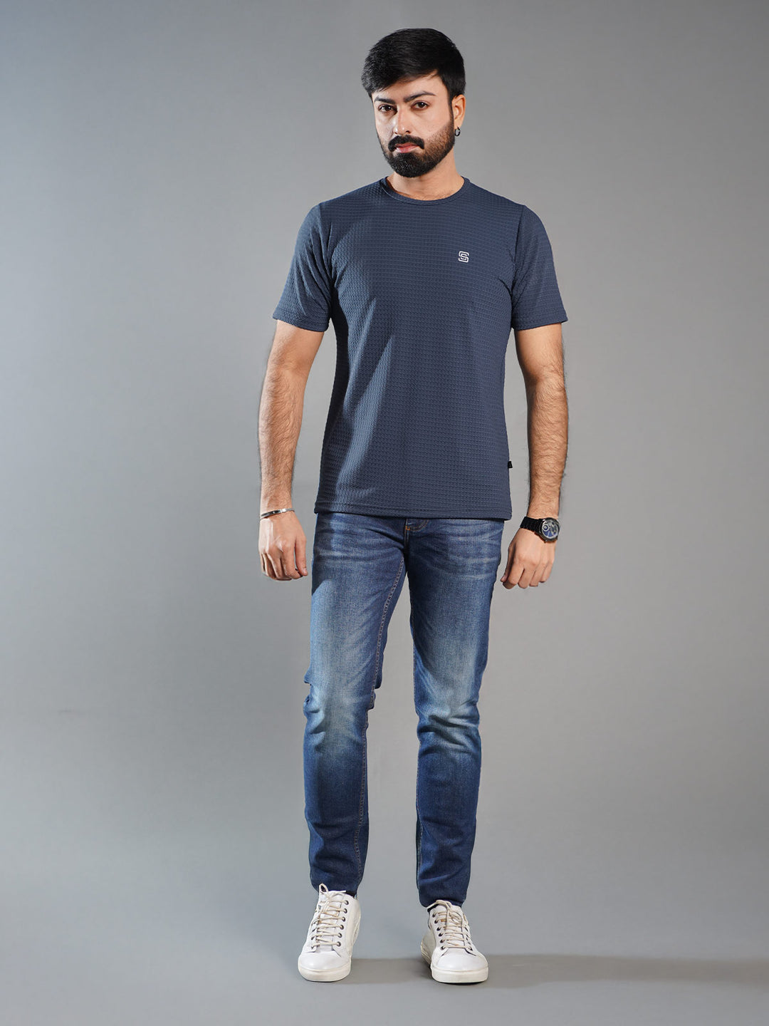 Dark Blue Self Premium Dry Fit Crew Neck T-Shirt (TEE-260)