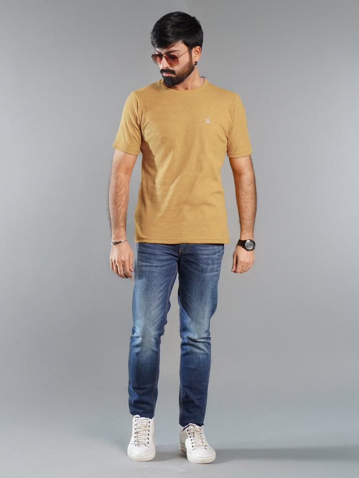 Mustard Self Half Sleeves Men’s Round Neck T-Shirt (TEE-268)