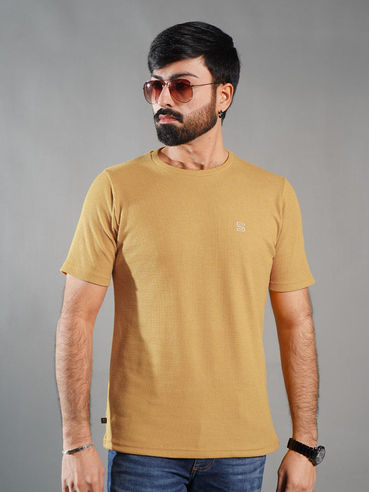 Mustard Self Half Sleeves Men’s Round Neck T-Shirt (TEE-268)