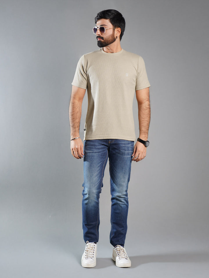 Light Khaki Self Half Sleeves Men’s Round Neck T-Shirt (TEE-271)