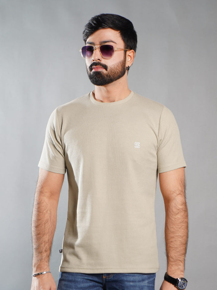 Light Khaki Self Half Sleeves Men’s Round Neck T-Shirt (TEE-271)