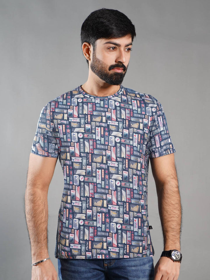 Blue Printed Half Sleeves Men’s T-Shirt (TEE-285)