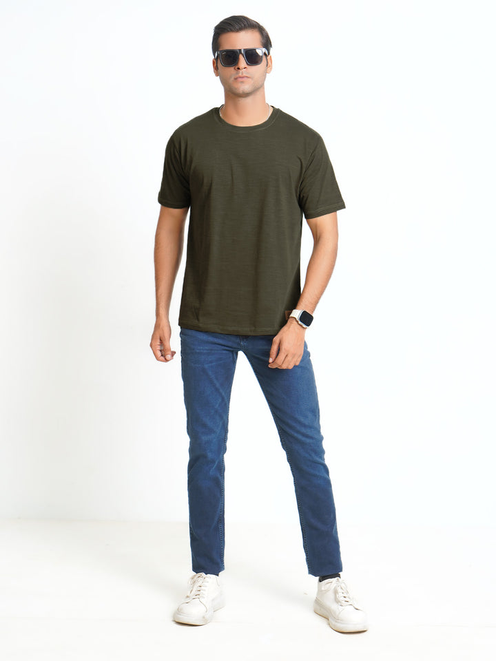 Dark Olive Green Self Half Sleeves Men’s Round Neck T-Shirt (TEE-117)