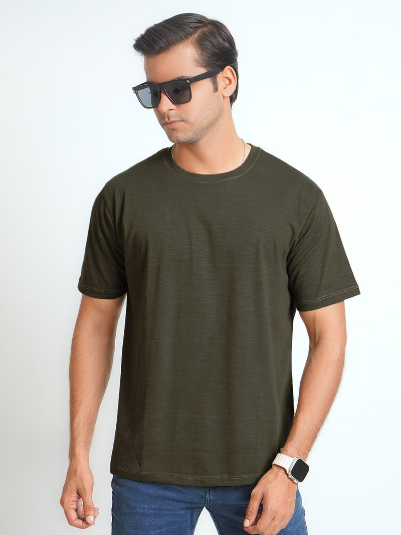 Dark Olive Green Self Half Sleeves Men’s Round Neck T-Shirt (TEE-117)