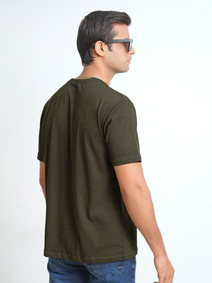 Dark Olive Green Self Half Sleeves Men’s Round Neck T-Shirt (TEE-117)