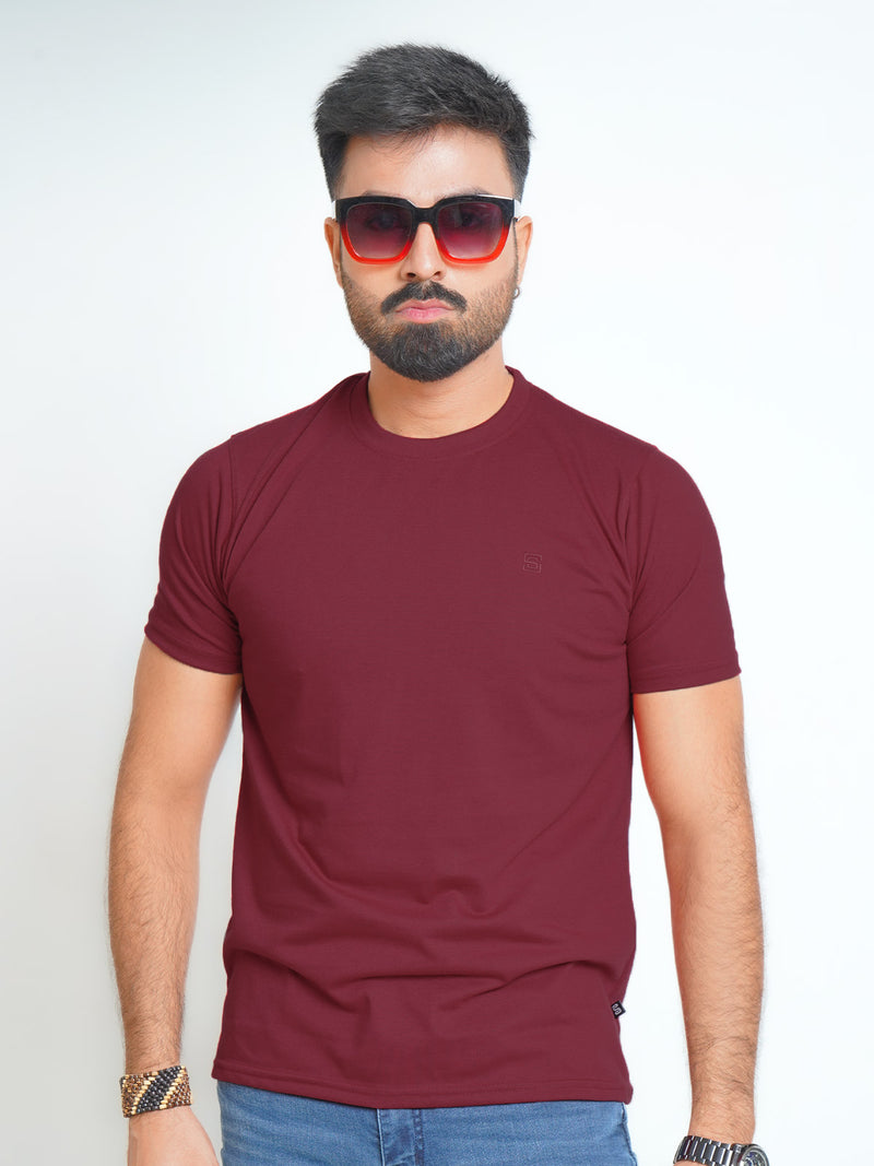 Maroon Plain Half Sleeves Men’s Round Neck T-Shirt (TEE-124)