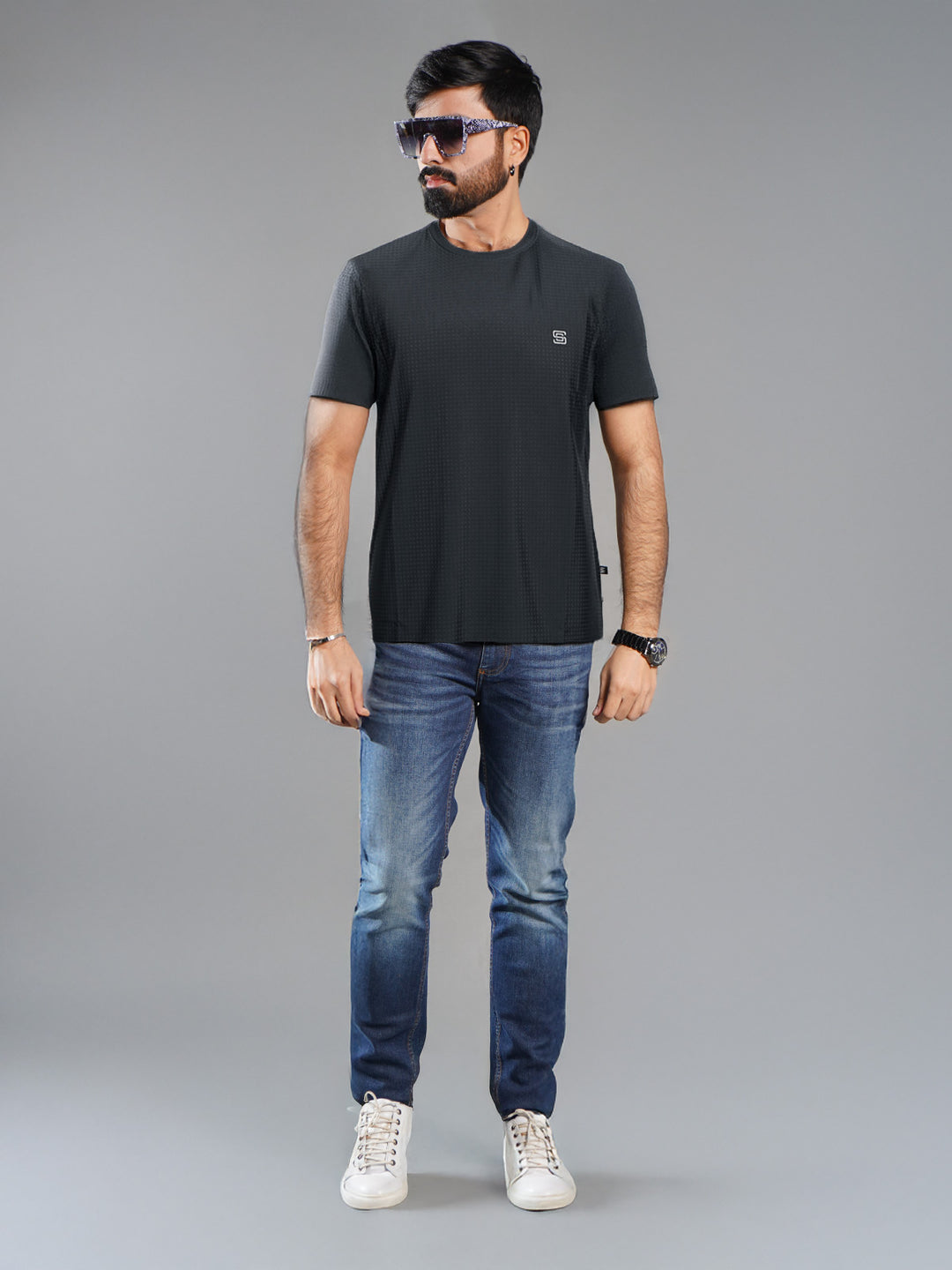 Navy Blue Self Premium Dry Fit Crew Neck T-Shirt (TEE-290)