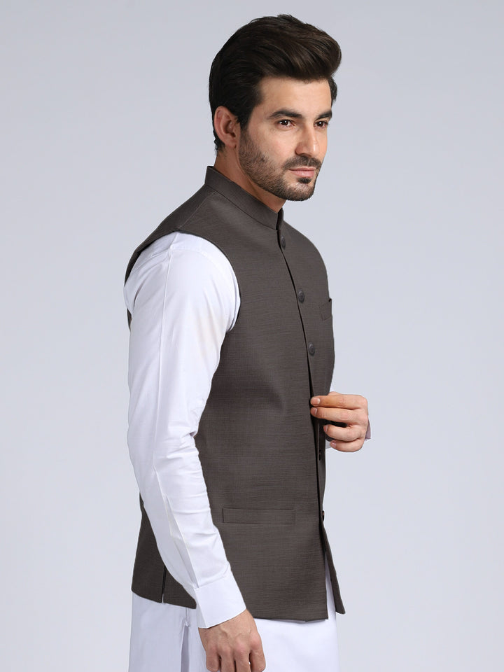 Dark Brown Textured Exclusive Range Tropical Formal Waist Coat (WC-177)