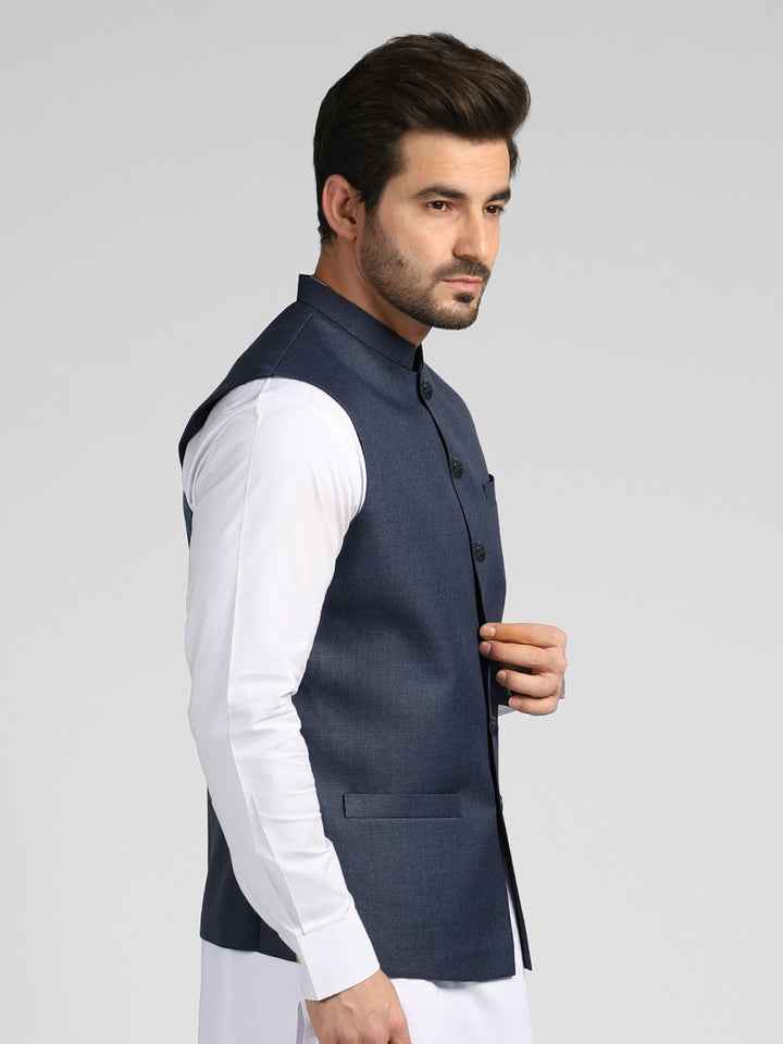 Dark Blue Textured Exclusive Range Tropical Formal Waist Coat (WC-178)