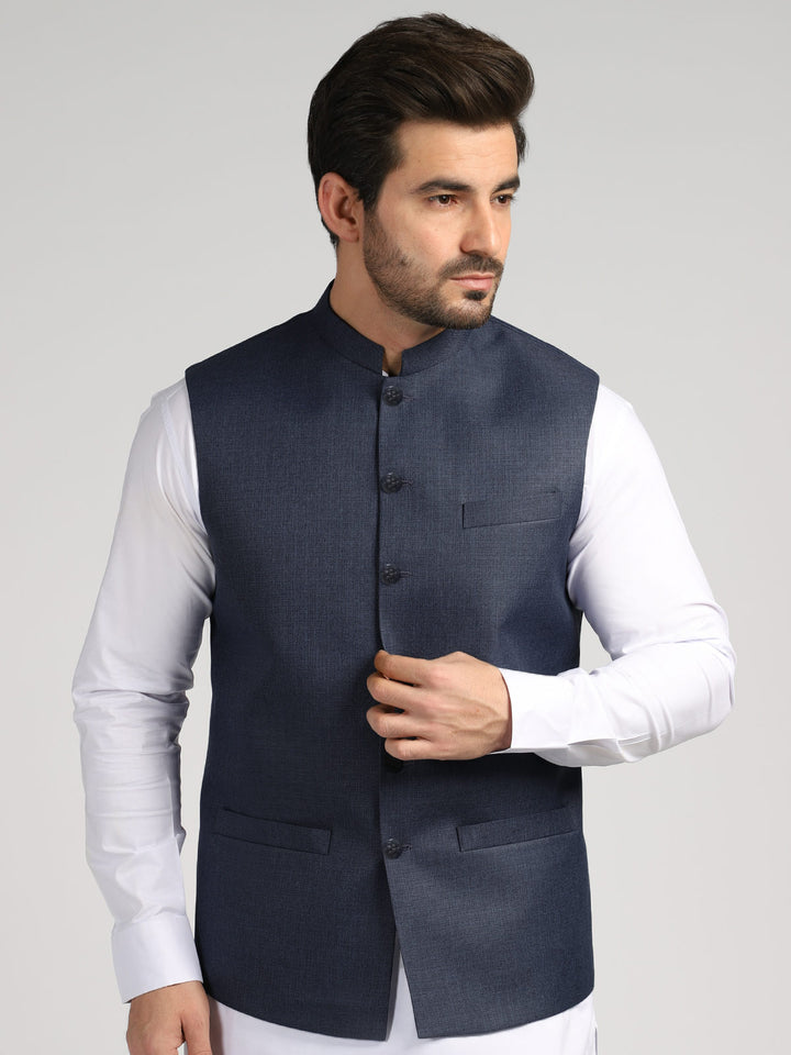 Dark Blue Textured Exclusive Range Tropical Formal Waist Coat (WC-178)