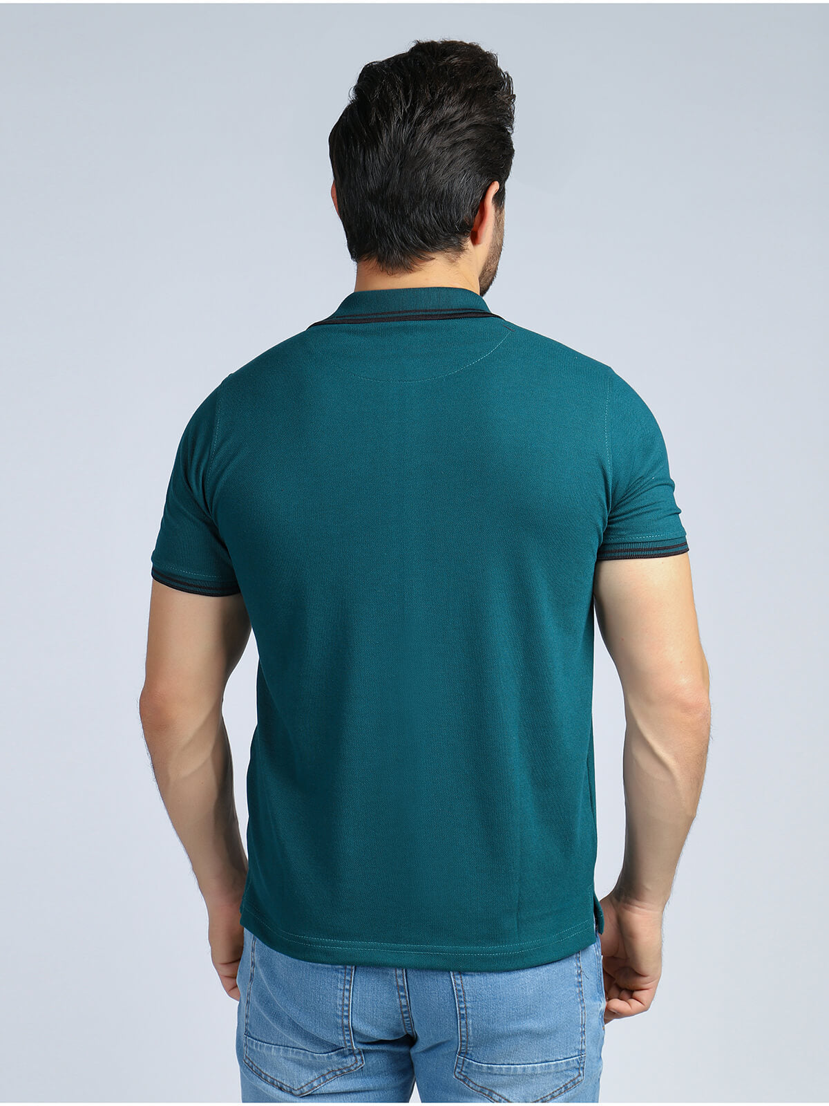 Turquoise Plain Contrast Tipping Half Sleeves Polo T-Shirt (POLO-530)